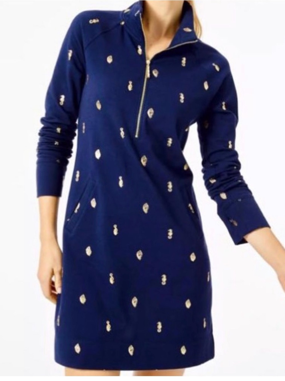 Navy Gold-Embellished Half-Zip Sweatshirt Dress (S)